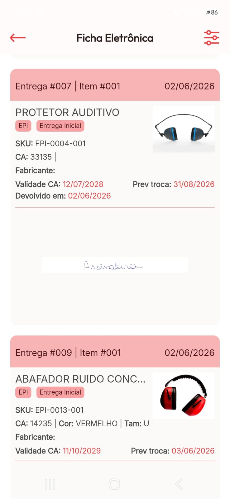 Ficha eletrônica no aplicativo, com item, SKU, validade, previsão de troca e a assinatura do colaborador