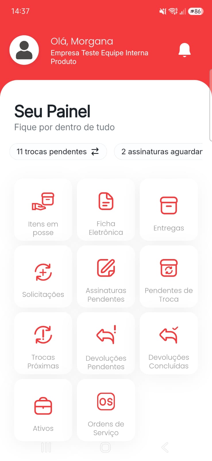 Painel inicial do aplicativo do colaborador, com trocas pendentes, assinaturas aguardando e atalhos para itens em posse, ficha eletrônica, entregas, solicitações e devoluções