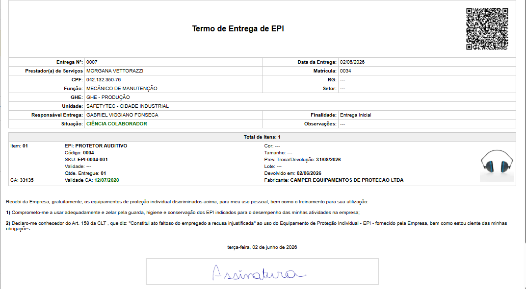 Termo de entrega de EPI com assinatura digital e QR Code
